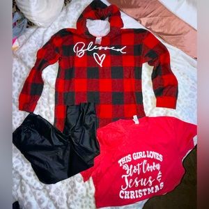 3pc HOLIDAY FAITH OUTFIT*Red/black flannel hoodie w/TEE & leggings*youth M girls